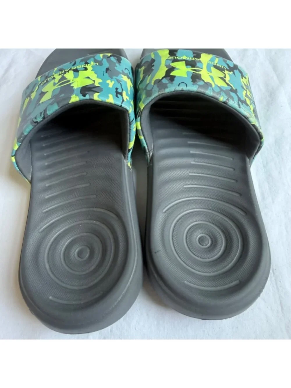 Under Armour Youth Camo Slide Sandals Green Black Blue Slip-On size 4Y